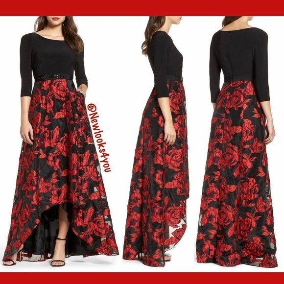NEW Adrianna Papell Rose Organza High Low Maxi Dress in Black/Red [SZ 2 ]‎ - Picture 1 of 8
